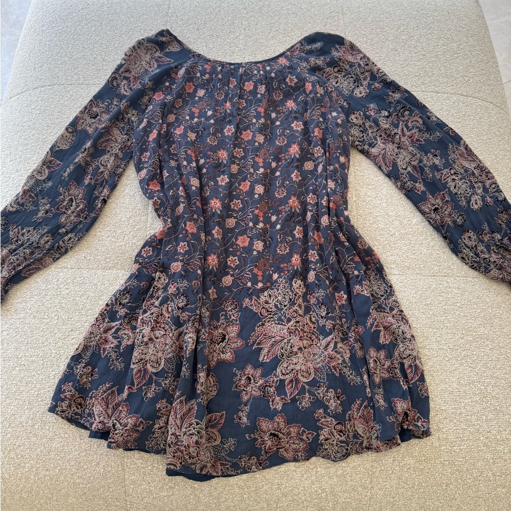 Free People Boho Floral Long Sleeve Mini Dress Navy Multicolor Size S - Picture 4 of 4